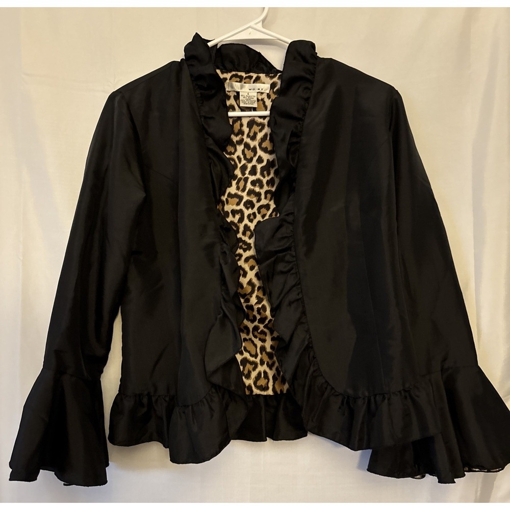 WD NY Black Blazer Jacket Ruffle Trim Reversible Leopard Print Bell Sleeve 4